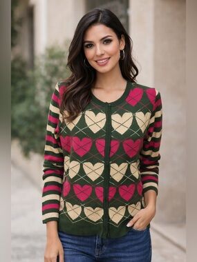 Vintage Patachou Brazil Heart Argyle Cardigan Sweater Sz L Valentine Snap Button